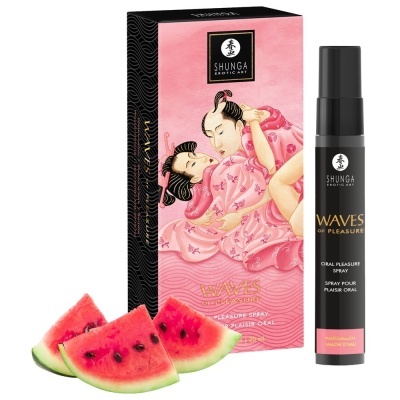 Spray oral Shunga Waves of Pleasure melancia com embalagens rosa e fatias de melancia