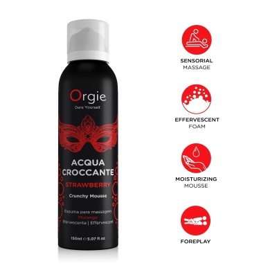 Frasco preto com tampa branca de espuma para massagem Morango da marca Orgie e ícones explicativos à direita.