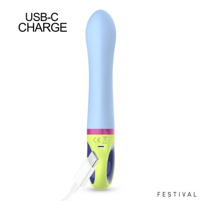 Vibrador azul com base amarela e cabo USB-C para recarga