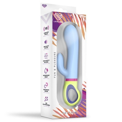 Vibrador azul com base amarela em embalagem colorida