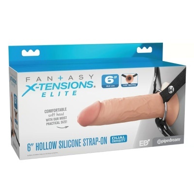 Caixa azul e branca com strap-on de silicone cor pele