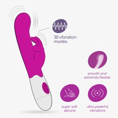 Vibrador roxo e branco com 30 modos de vibração e silicone macio