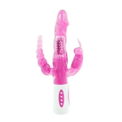 Vibrador cor-de-rosa translúcido com três apêndices e base branca com botões