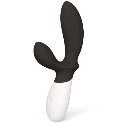 Vibrador preto e branco com dois ramos em silicone e base em plástico branco