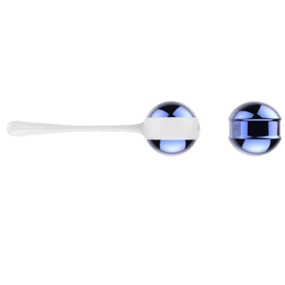 Esfera metálica azul com cabo branco e marcação 100 ml