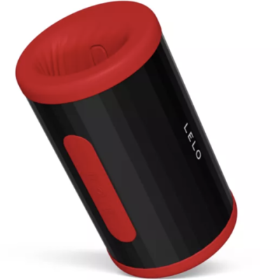 Produto cilíndrico preto com detalhes vermelhos e texto LELO