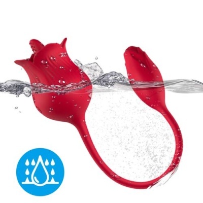Produto vermelho em silicone parcialmente submerso em água com ícone azul de gota dágua