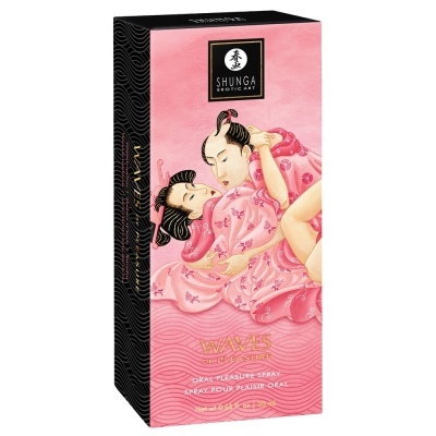 Caixa de spray oral rosa com arte erótica japonesa e texto em inglês e francês