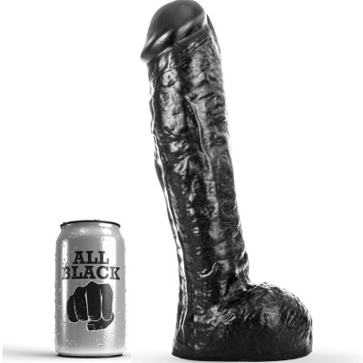 Dildo preto realista com textura detalhada ao lado de uma lata prateada com texto ALL BLACK