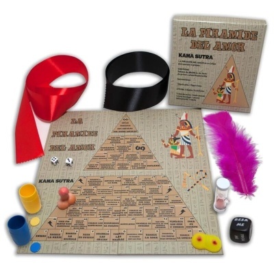 Jogo de tabuleiro LA PIRAMIDE DEL AMOR com temas Kama Sutra e acessórios coloridos