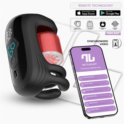 Dispositivo tecnológico preto com smartphone mostrando aplicação ACTIVEJOY