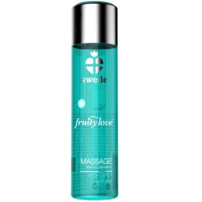 Frasco azul transparente para massagem com tampa prateada.