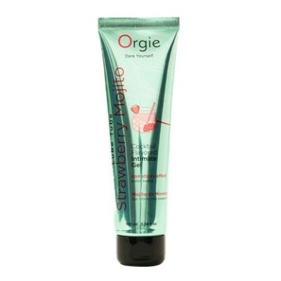 Gel íntimo Orgie Strawberry Mojito em tubo prata com texto vermelho e preto