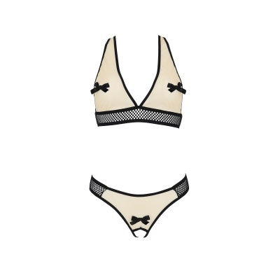 Conjunto de lingerie bege com bordas pretas e detalhes xadrez e laços pretos