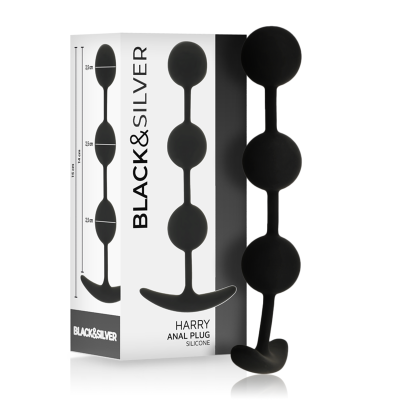 Plug anal preto em silicone com três esferas e base em forma de T com embalagem.
