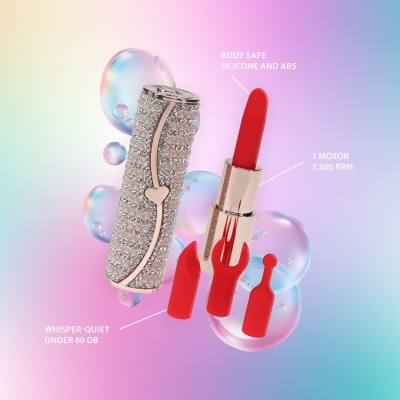 Batom vibrador com tampa decorada e três cabeças intercambiáveis vermelhas em silicone