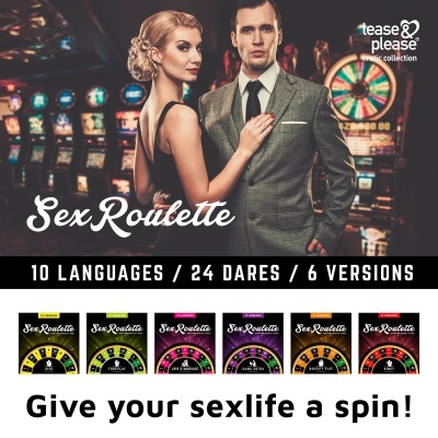Homem e mulher elegantes junto a máquinas de casino, publicidade do jogo erótico Sex Roulette tease & please com versões e detalhes.