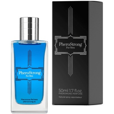 Frasco de perfume azul PheroStrong For Men junto a caixa preta com texto branco