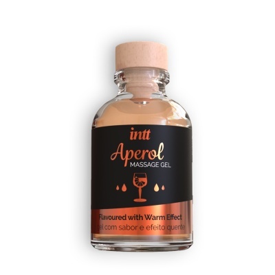Frasco de gel de massagem intt Aperol com tampa de madeira e rótulo preto e laranja
