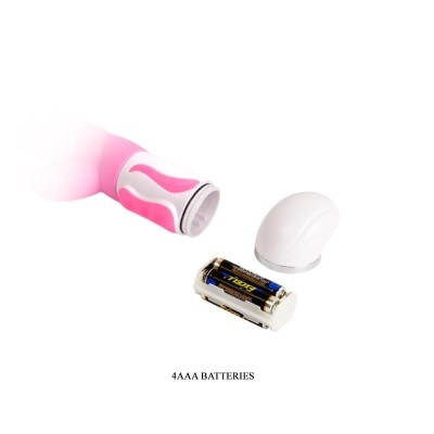 Dispositivo rosa e branco aberto com suporte para 4 pilhas AAA e texto 4AAA BATTERIES