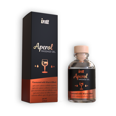 Frasco de gel de massagem Aperol e sua embalagem preta com detalhes em cobre.