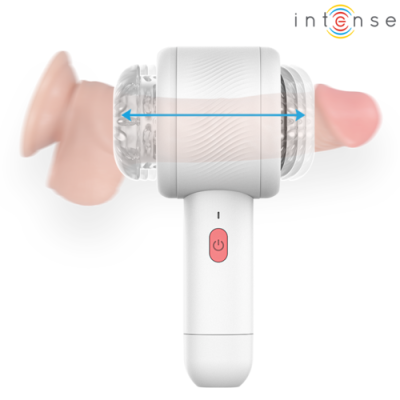 Dispositivo branco com duas extremidades realistas em silicone cor de pele e texto intense colorido no canto superior direito