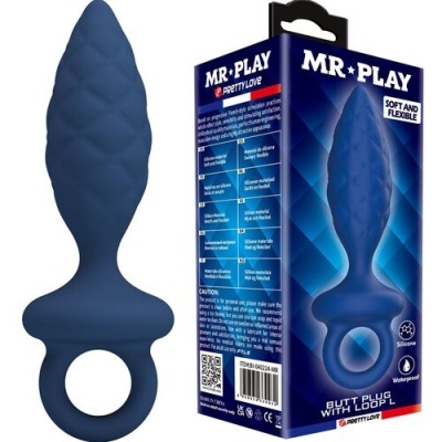 Plug anal azul escuro com textura espiral e embalagem azul