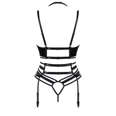 Conjunto de lingerie preta com tiras e argolas metálicas