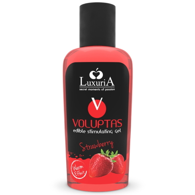 Frasco plástico vermelho com gel estimulante comestível de morango Luxuria Voluptas