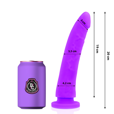 Dildo roxo com medidas e lata roxa com logotipo Delta Club Toys