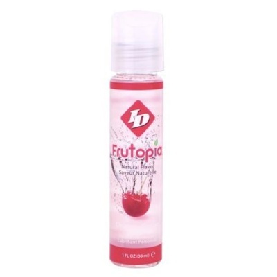 Frasco transparente com líquido rosa e rótulo Frutopia