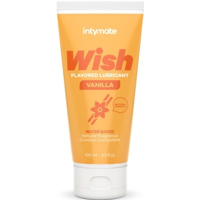 Frasco de tubo laranja e branco intymate Wish lubrificante sabor baunilha