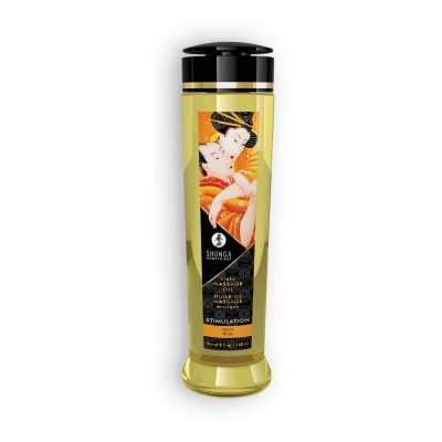 Frasco de óleo de massagem erótica amarelo com tampa preta e rótulo artístico japonês
