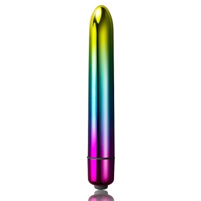 Objeto cilíndrico metálico colorido iridescente com botão na base
