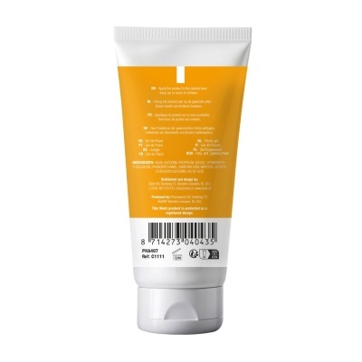 Tubo de gel branco e amarelo com texto em várias línguas e código de barras