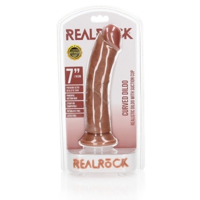 Dildo curvo realista castanho com ventosa em embalagem transparente e cartão branco