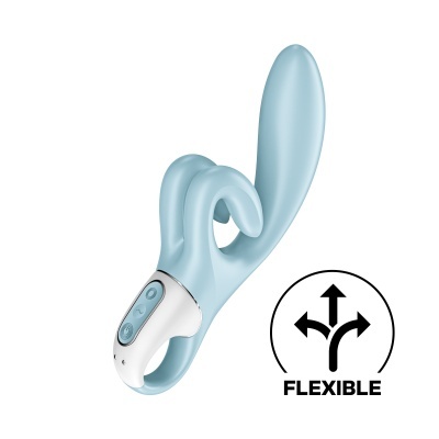 Vibrador azul com cabo branco e botões, símbolo FLEXIBLE com setas.