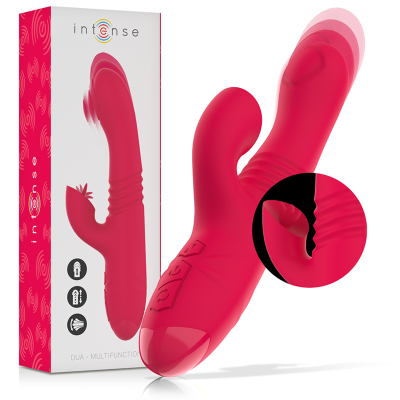 Vibrador vermelho multifuncional Intense em silicone ao lado da caixa com texto DUA - MULTIFUNCTION