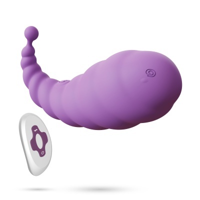 Vibrador roxo em silicone com comando remoto em fundo branco