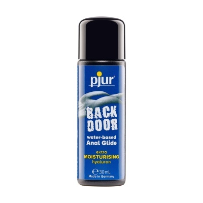 Frasco preto com rótulo azul e texto em branco e amarelo