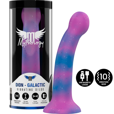 Dildo vibratório em padrão galáctico azul e roxo com embalagem preta Mythology
