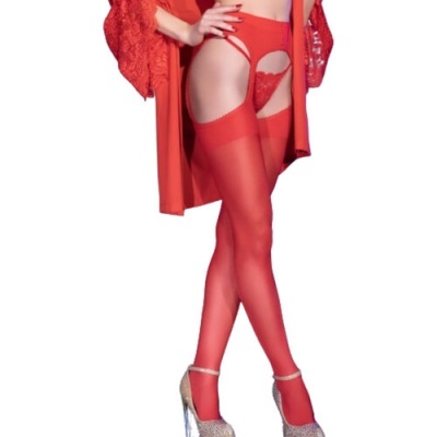 Conjunto de lingerie feminina vermelha com meias, cinta-liga e robe rendado.