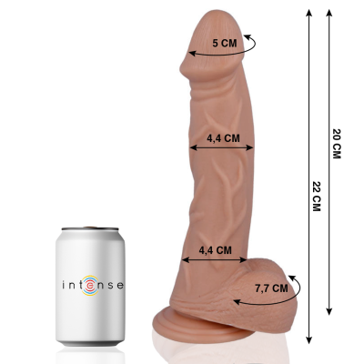 dildo realista cor pele com medidas ao lado de uma lata branca com texto intense