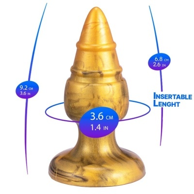 Plug anal dourado com medidas destacadas em azul
