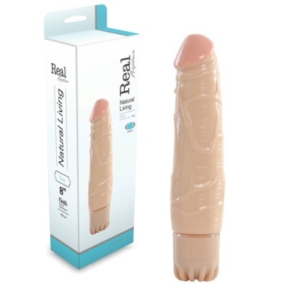 Vibrador realista cor pele com embalagem branca e azul