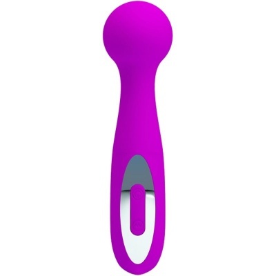 Vibrador massageador roxo ergonómico com botões e detalhes prateados