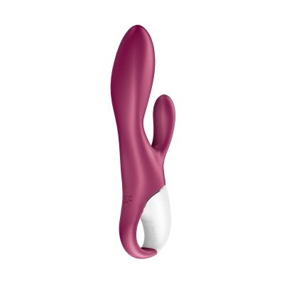 Vibrador ergonómico roxo com base branca e detalhes prateados