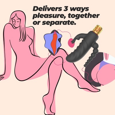 Ilustração de mulher cor-de-rosa, texto em inglês e brinquedo sexual preto com detalhes dourados.