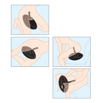 Ilustração de posições de uso de um dispositivo sexual preto no corpo humano
