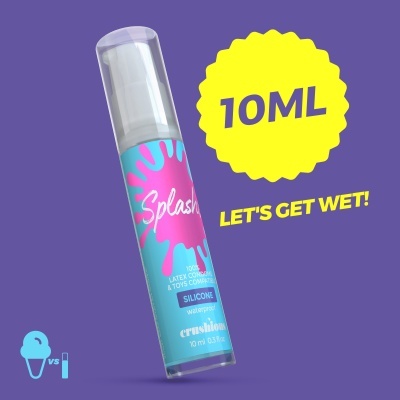 Frasco de plástico com tampa, design azul e rosa, texto e fundo roxo com selo amarelo 10ML